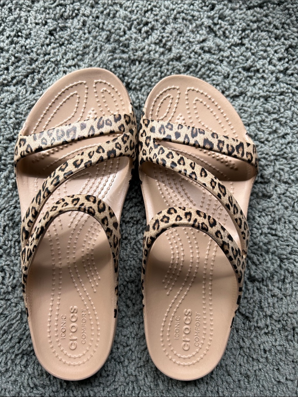 CROCS Leopard Print Triple-Strap Slide Sandals - Beige